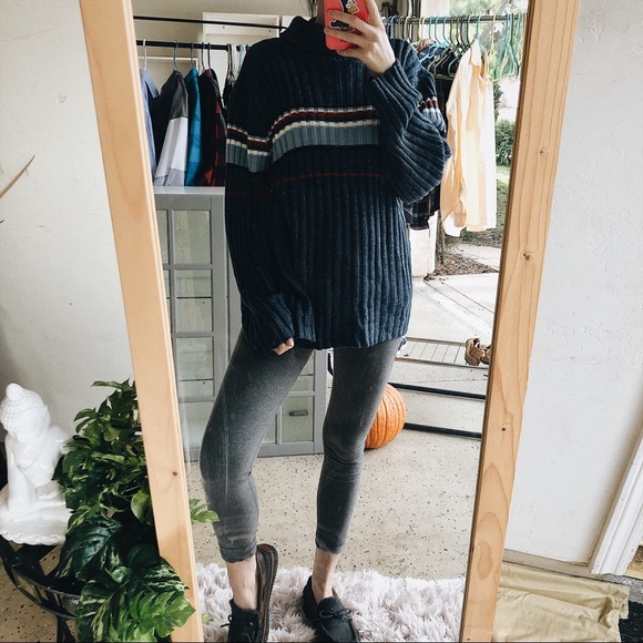 Vintage Sweaters - Vintage Striped Turtle Neck Cozy Navy Soft Grunge
